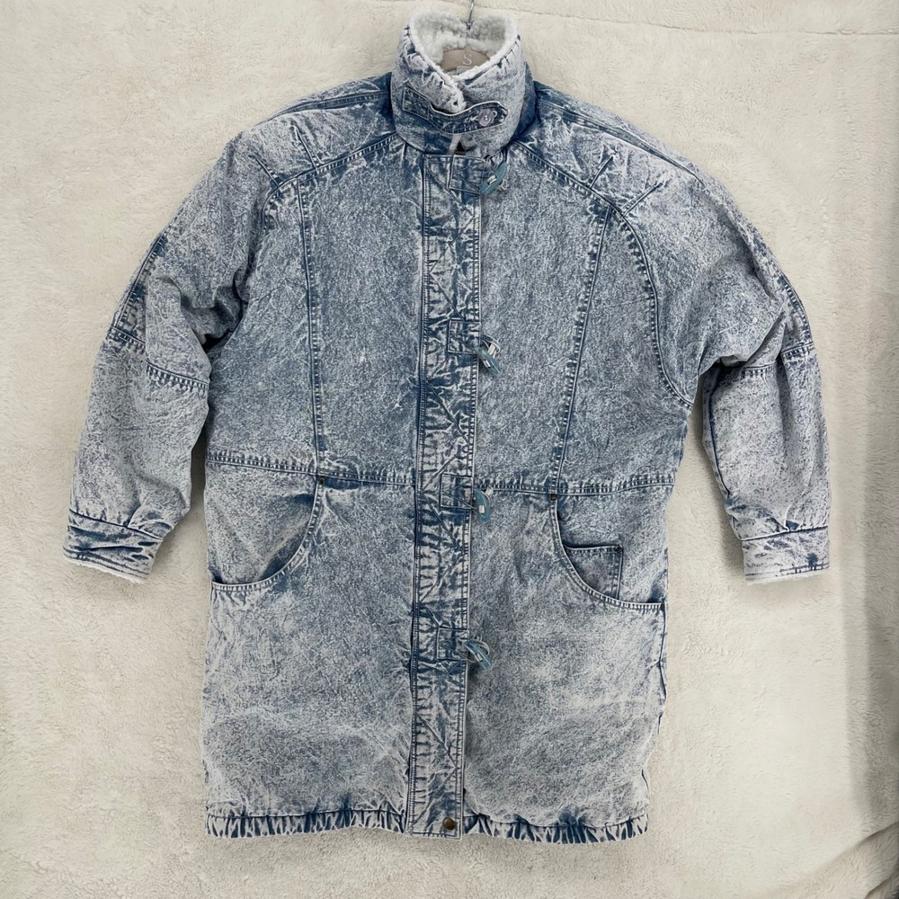 Vtg British Mist Acid Wash Denim Parka Sherpa Lined Toggle Jacket Funnel Neck M